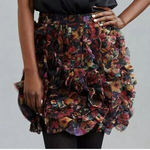 Anthropologie Floral Ruffle Mini Skirt in Black Multi